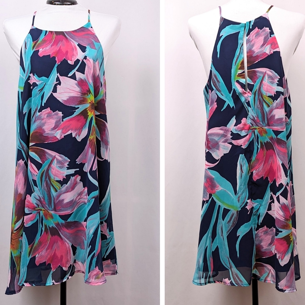 LuLu's Here and Luau Swing Dress Tropical Floral Print Spaghetti Strap Navy Med - Picture 11 of 15
